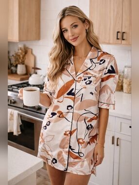 Rachael Zoe Mother of Pearl Button-Down Sleepshirt Pajama Sleepwear Multicolor